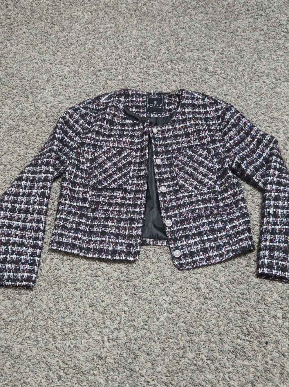 Cropped Tweed Plaid Jacket in Black, White & Pink - Classic Collarless Blazer